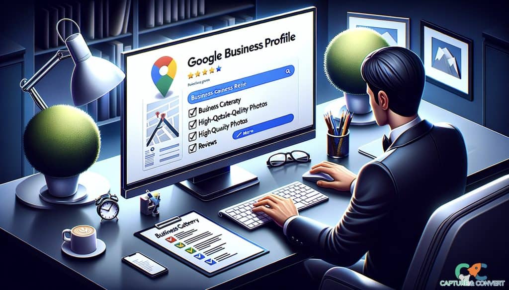 business owner optimizing google business profile in office