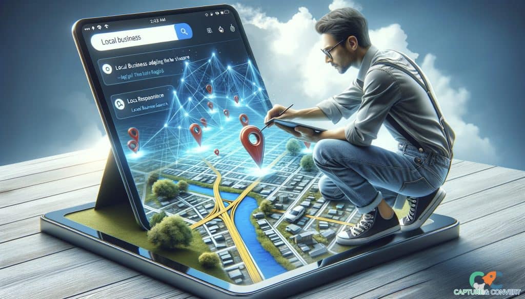business owner optimizing landing page on tablet with local map