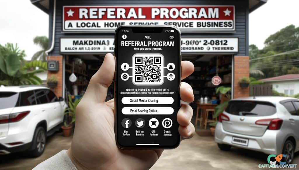 hand holding smartphone with referral sharing options at local business