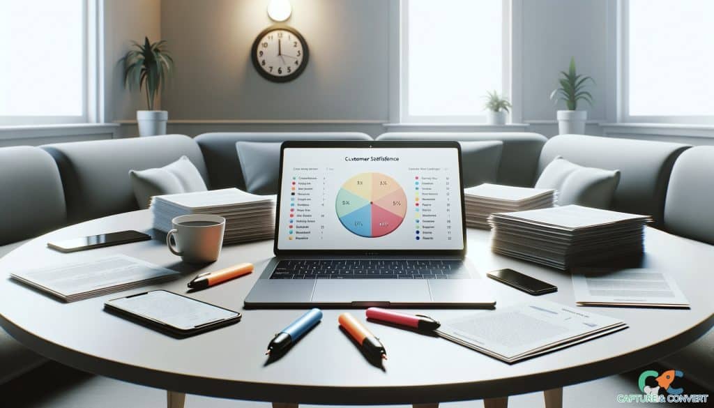 meeting table with laptop showing customer satisfaction chart