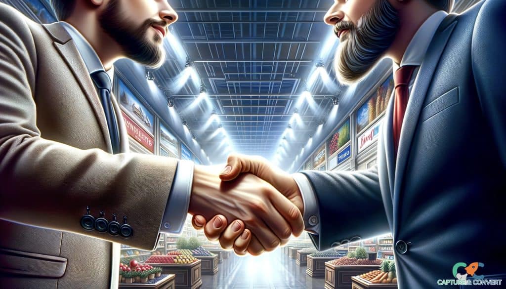 rival store owners collaboration handshake